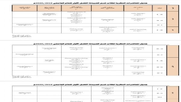 جدول كلية العلوم الطبية المساعدة قسم الصيدلة للفصل الدراسي الأول من العام الجامعي 2019/2020م