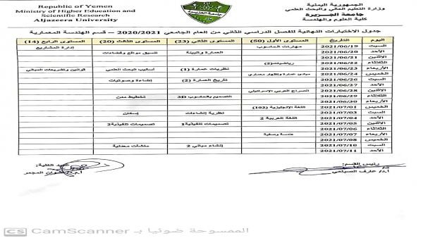 جداول اختبارات الفصل الدراسي الثاني للعام الجامعي 2020 / 2021 م لكلية العلوم والهندسة  (تقنية المعلومات - الهندسة المعمارية - علوم حاسوب )