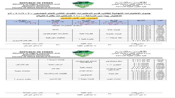 جدول اختبارات الفصل الثاني للعام الجامعي 2020 / 2021م لقسم المختبرات