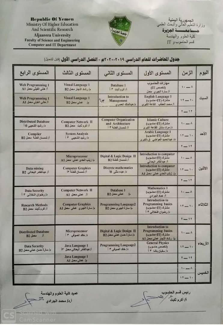 جدول كلية العلوم والهندسة قسم الحاسوب وتقنية المعلومات للفصل الدراسي الأول من العام الجامعي 2019/2020م