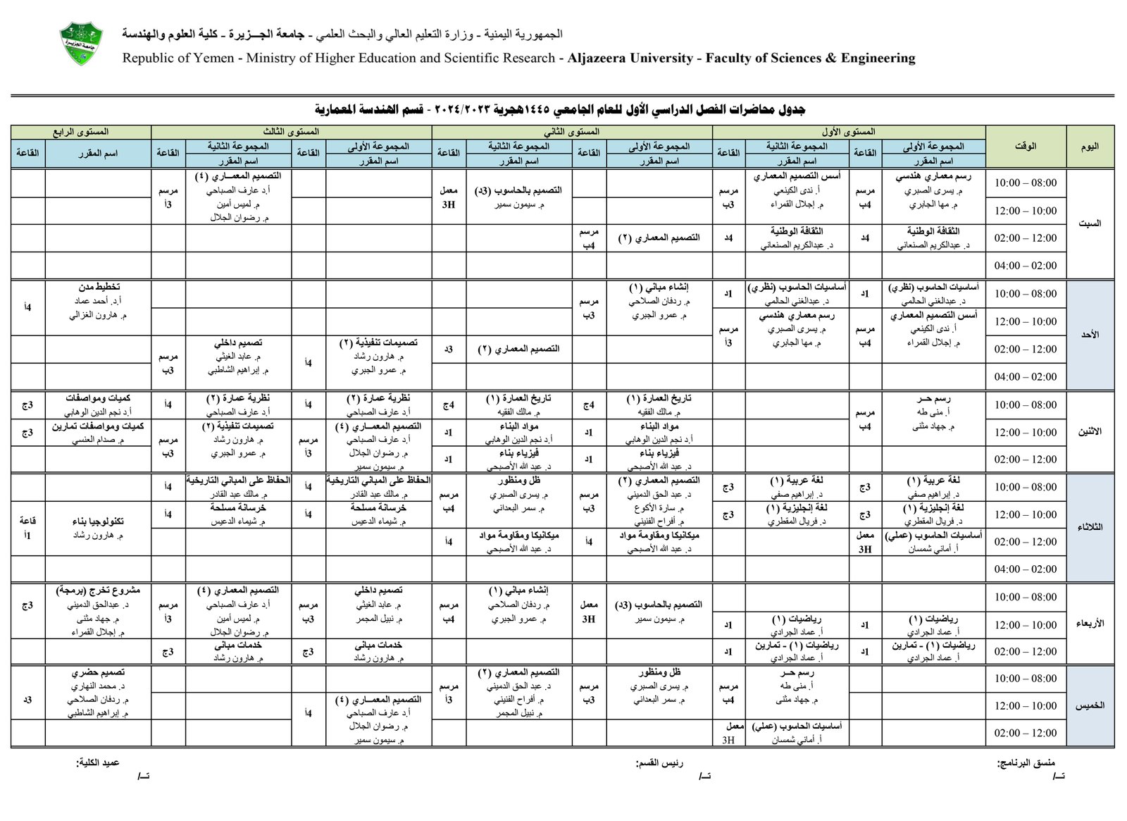 الجدول الدراسي لقسم الهندسة المعمارية كلية العلوم والهندسة